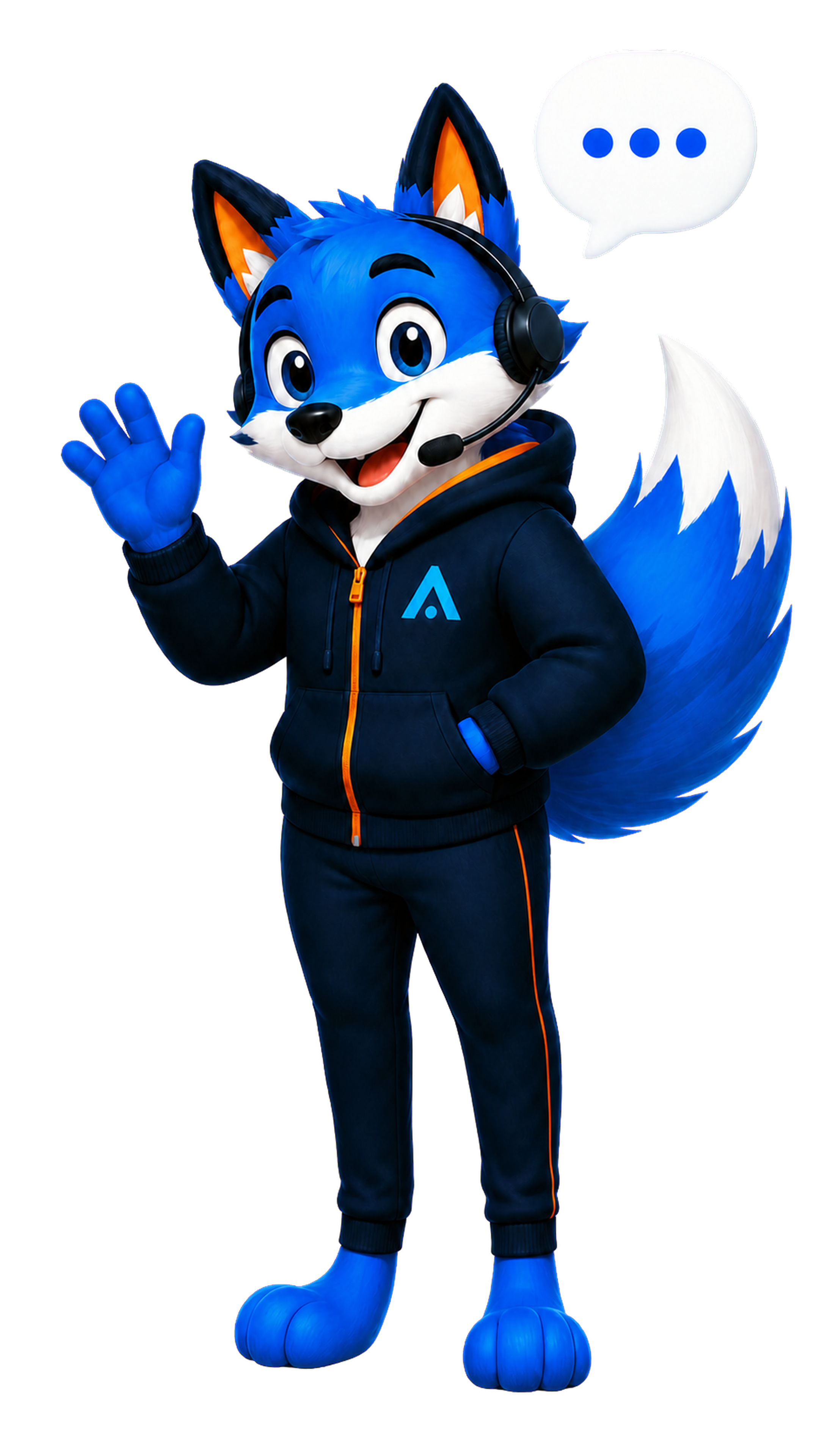 Mascote NOVA vestida com hoodie e calças, headset, a acenar e com balão de conversa