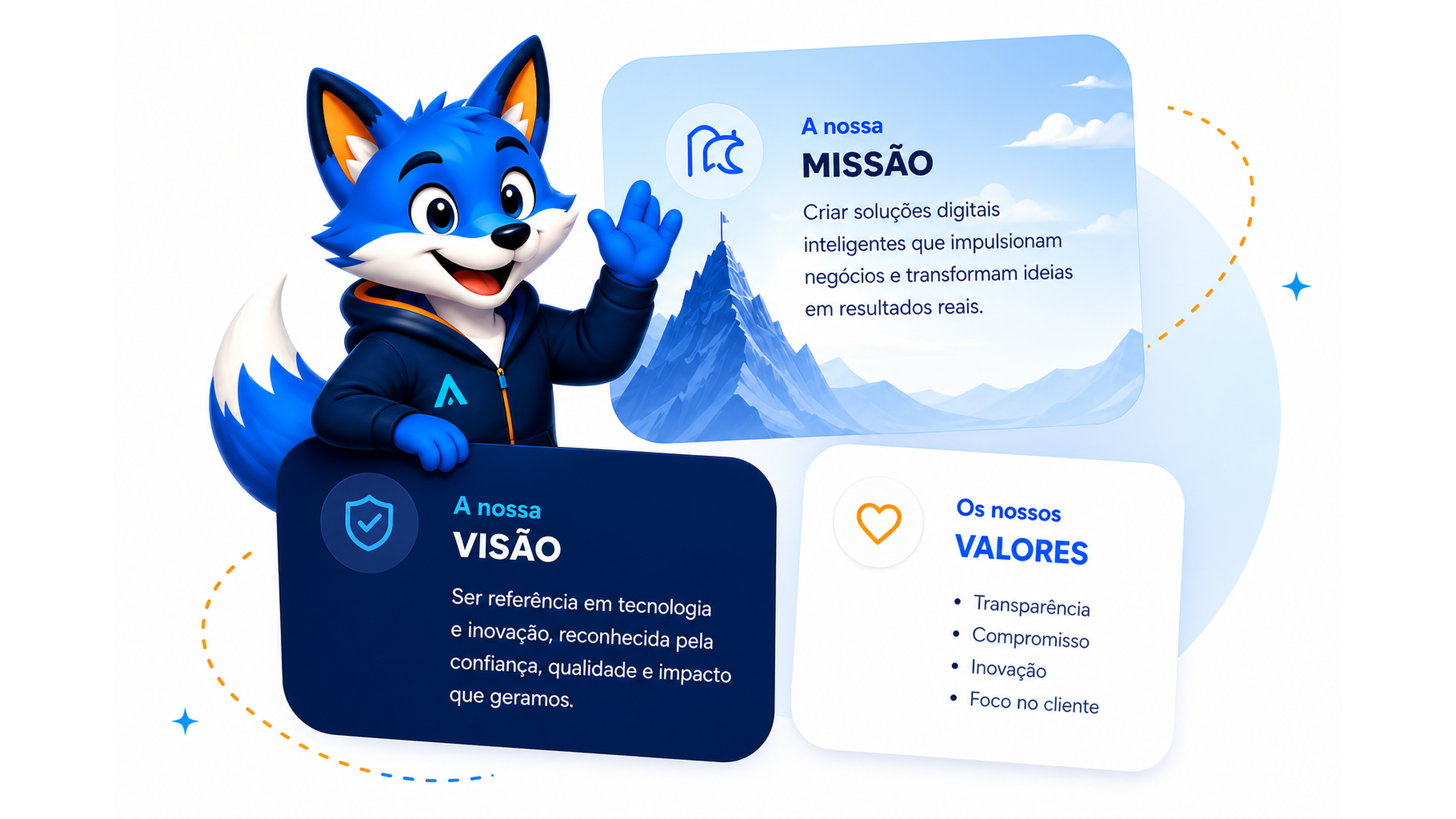 Mascote NOVA com a missão, visão e valores da empresa